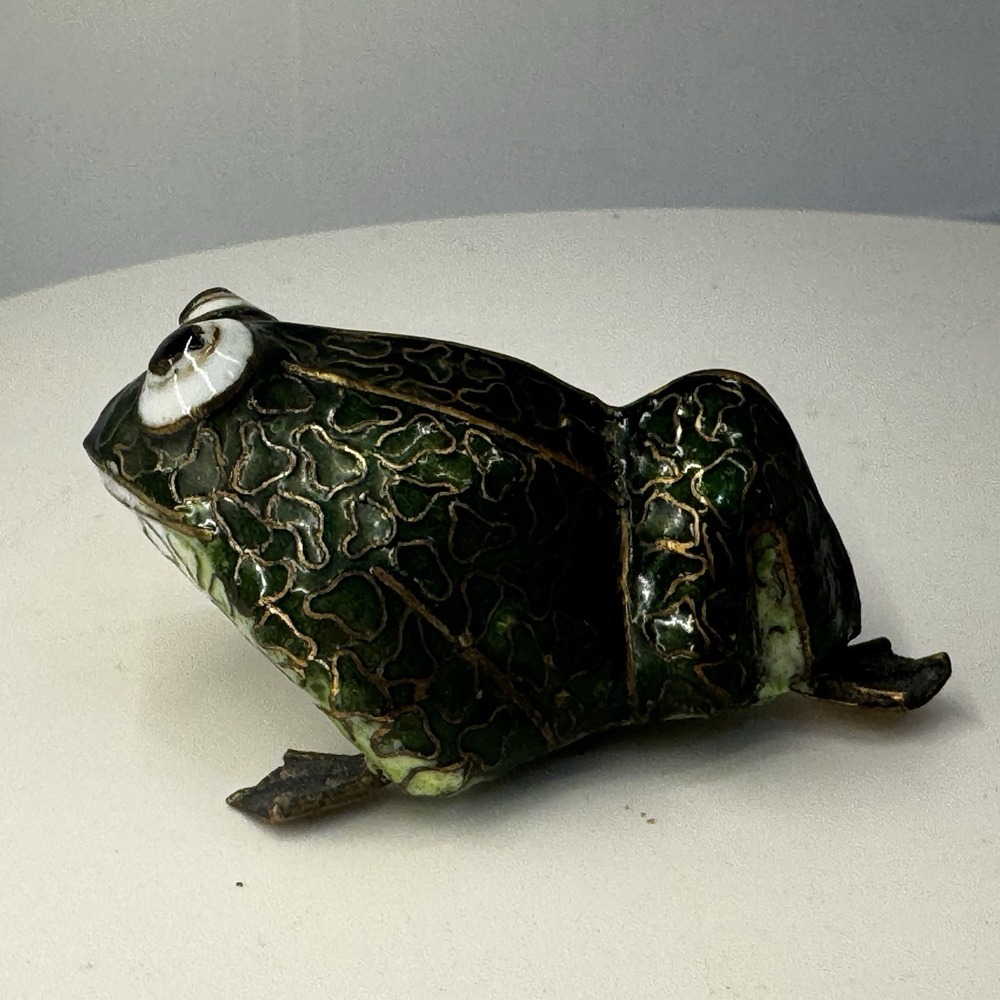 Vintage Chinese Cloisonné Frog Green Figurine Enamel Brass